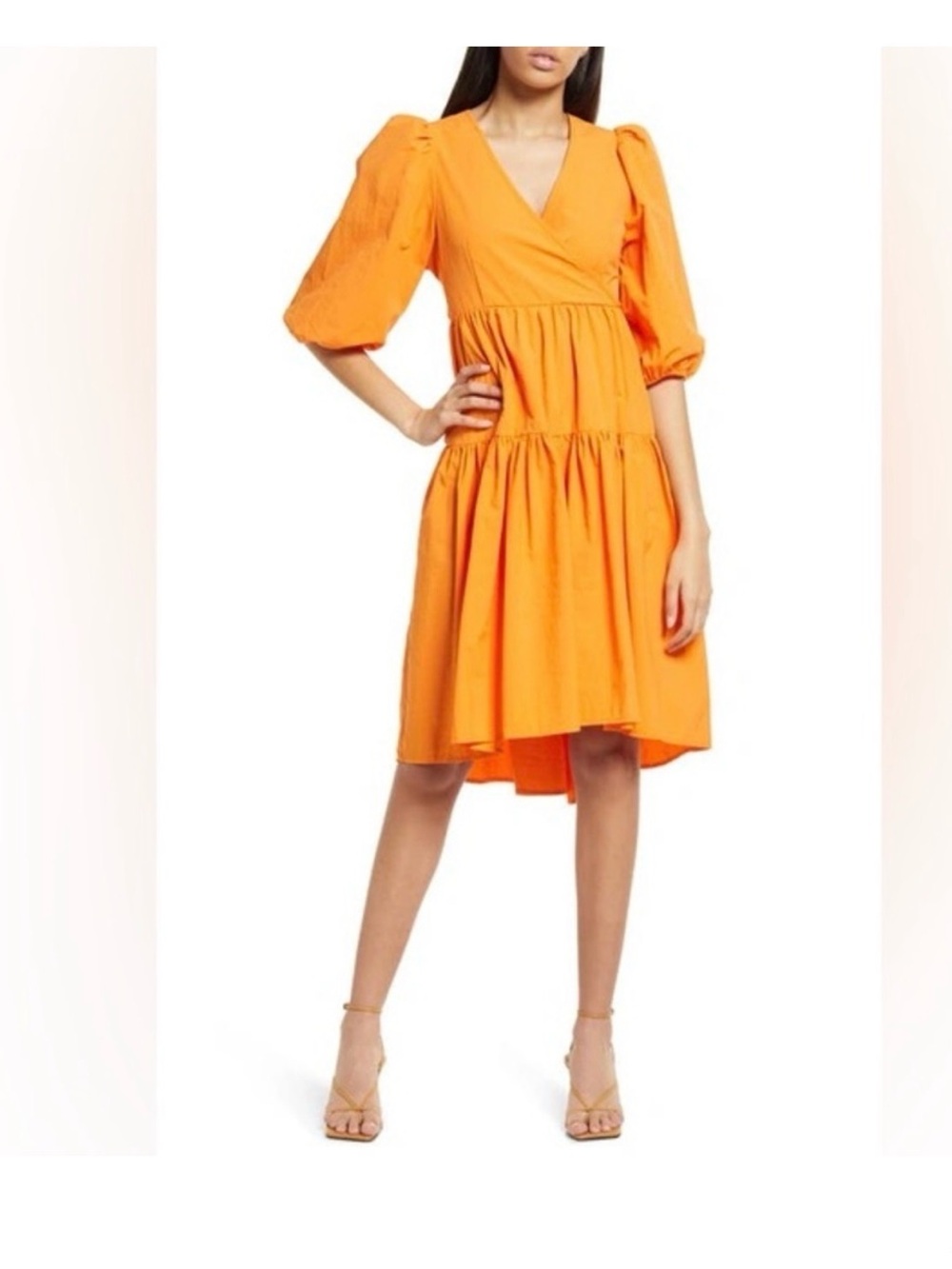 Aware Vero moda Women’s Orange Puff-Sleeve Tiered Dress m